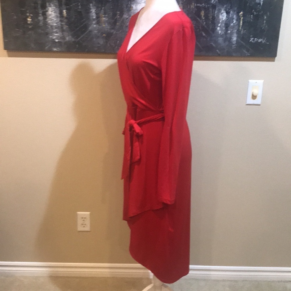 SIGNATURE COLLECTION Faux Wrap Dress Midi Red Jersey Knit Fit and Flare Dress-M - Picture 4 of 10